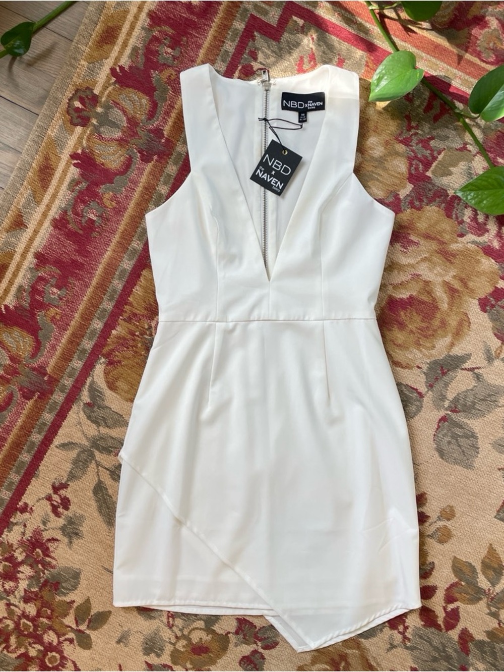 NBD Revolve Ivory V-Neck Sleeveless Mini Dress With Asymmetrical Hem